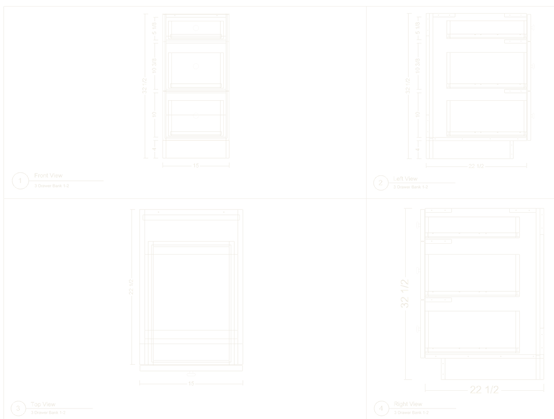 Assembly sheet for a three-drawer base cabinet in four views