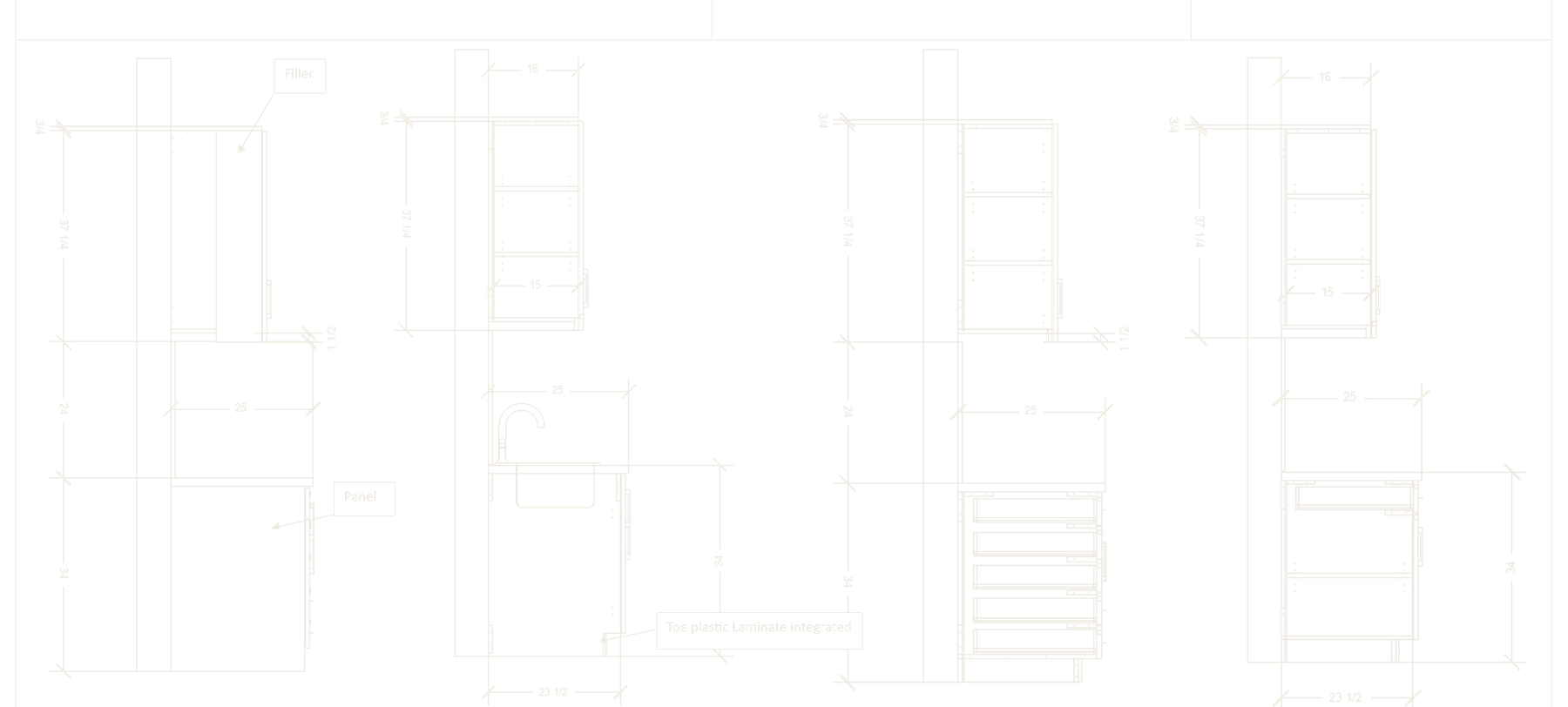 Section cuts through uppers, a sink base and a drawer base