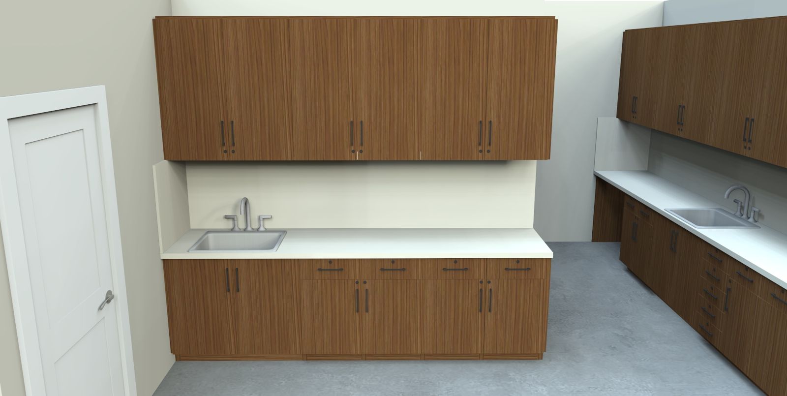 Break room casework with full-height uppers and a sink base