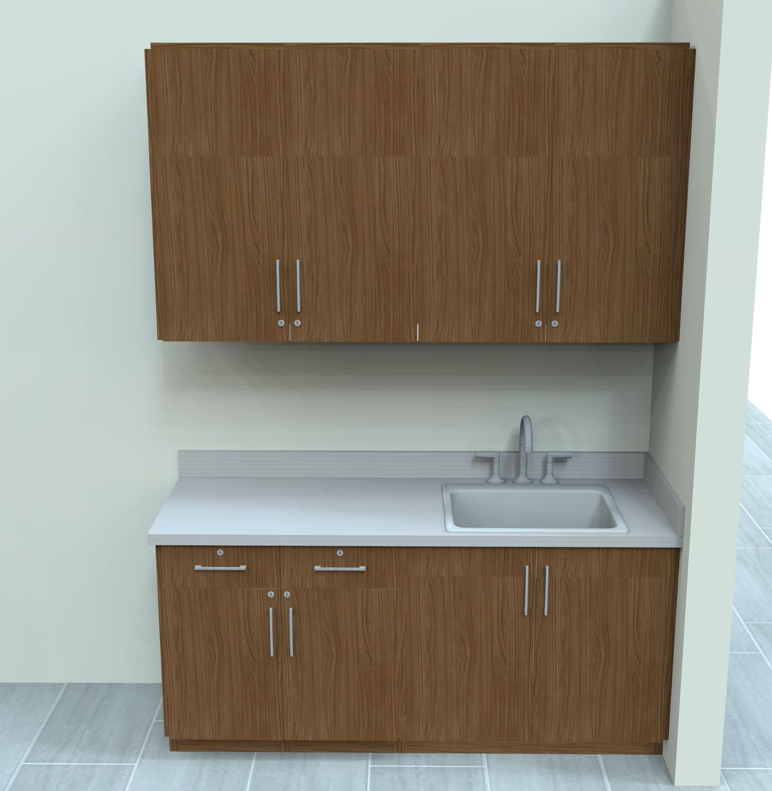 Sink wall with upper and base cabinets in walnut laminate