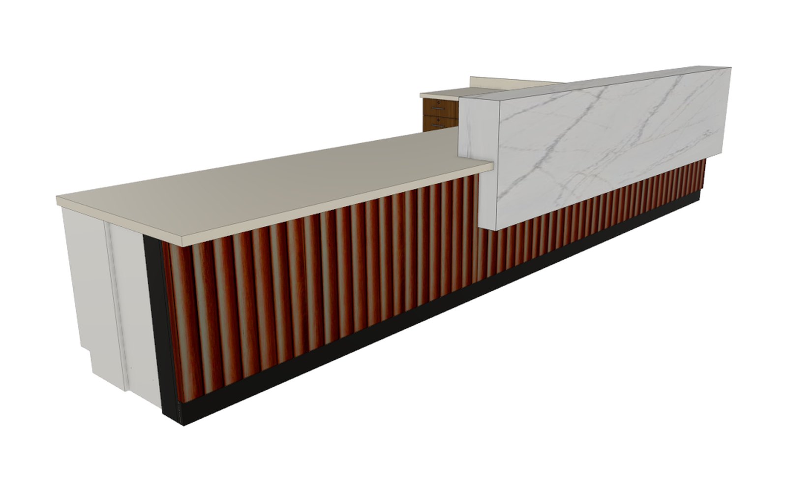 Reception desk with a fluted wood slat front and a white quartz transaction panel