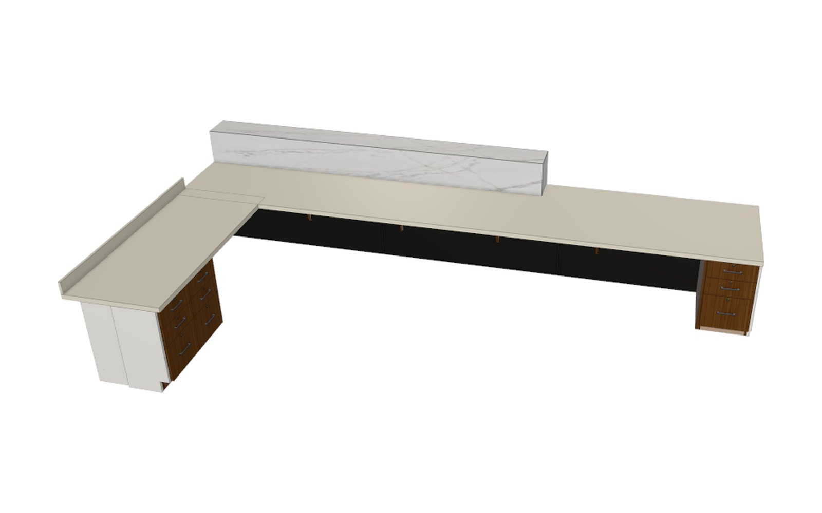 The same reception as an L-shaped work counter with drawer pedestals, seen from behind