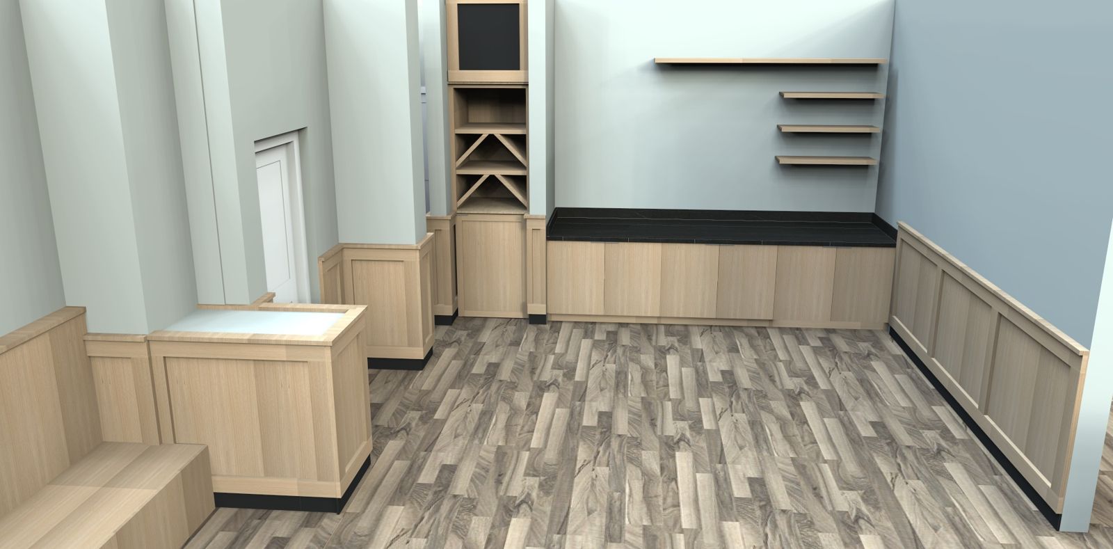 Lounge with wood wainscot, bench seating and wine storage