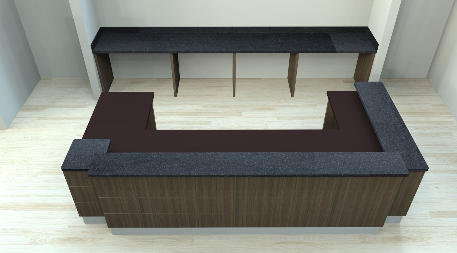 U-shaped reception desk in dark wood with stone tops