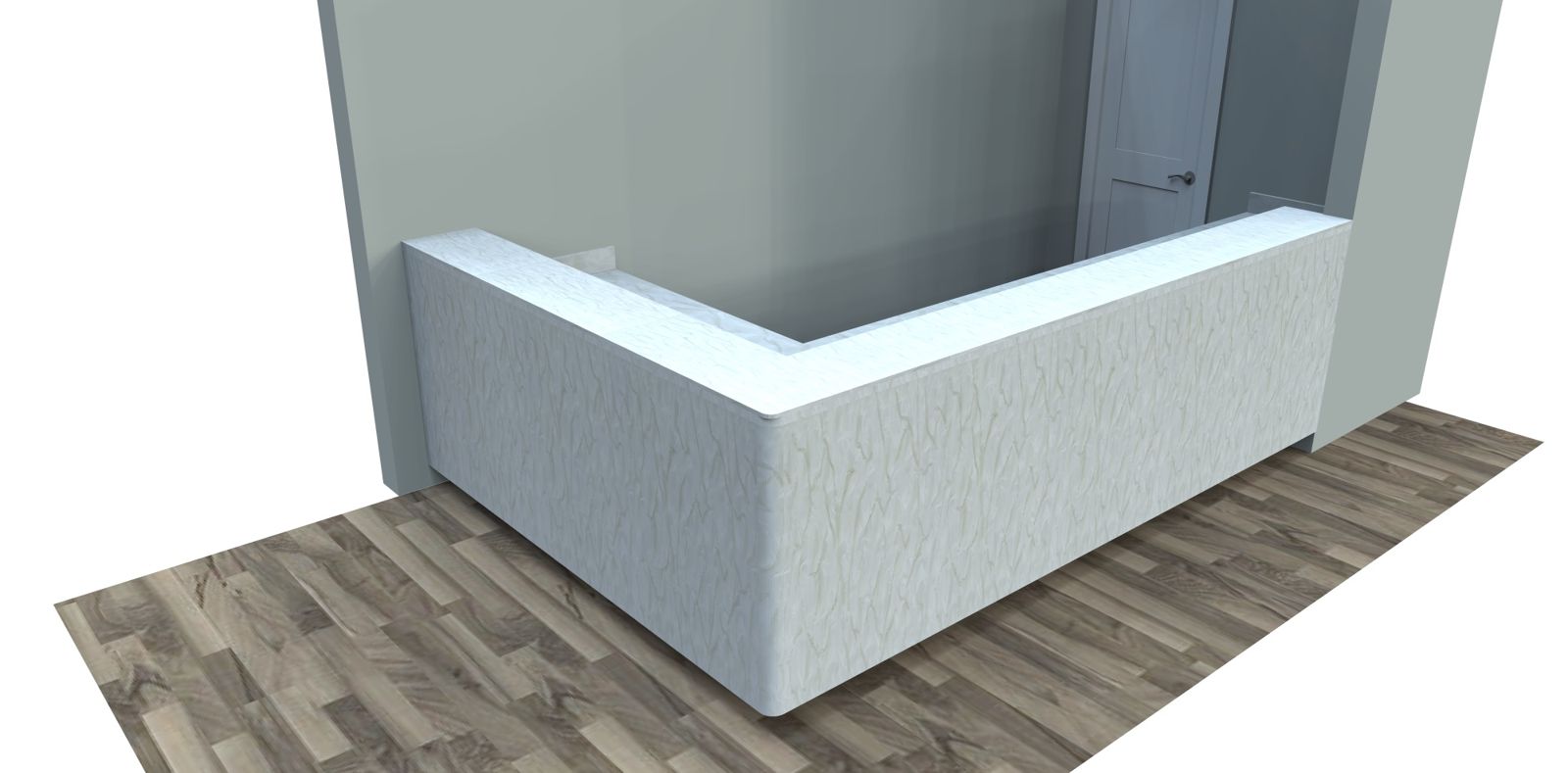 L-shaped reception desk wrapped in stone-look panels