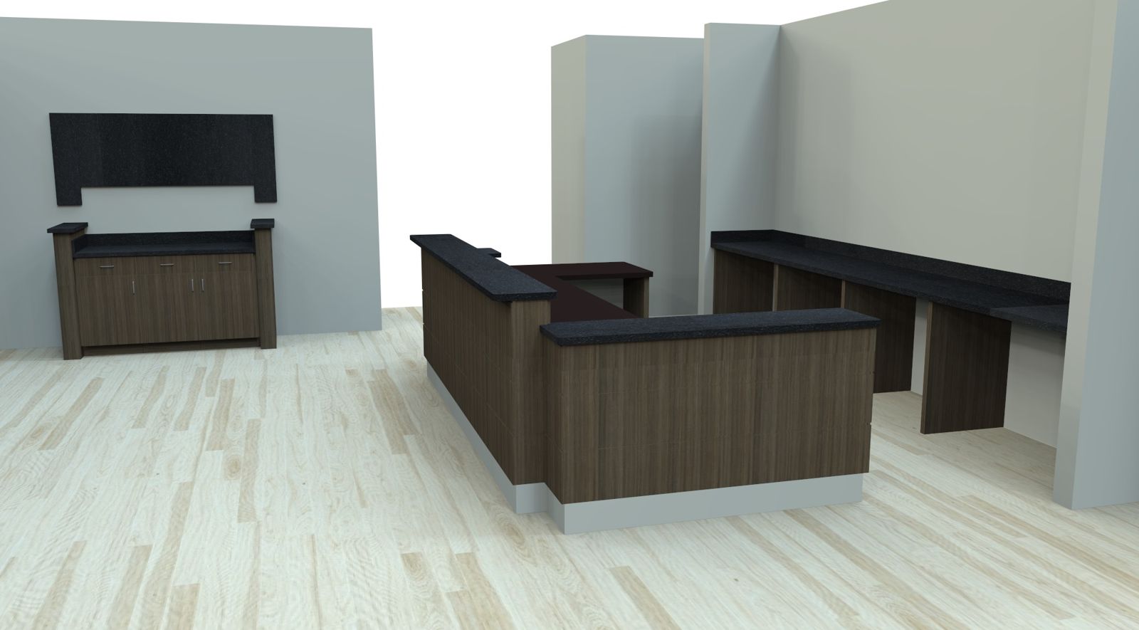 Lobby with reception desk, media wall cabinet and work counter