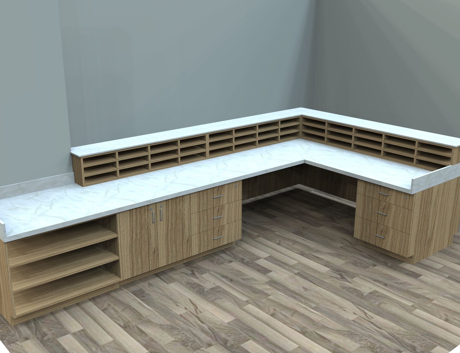 L-shaped counter with mail slot hutch and drawer pedestals