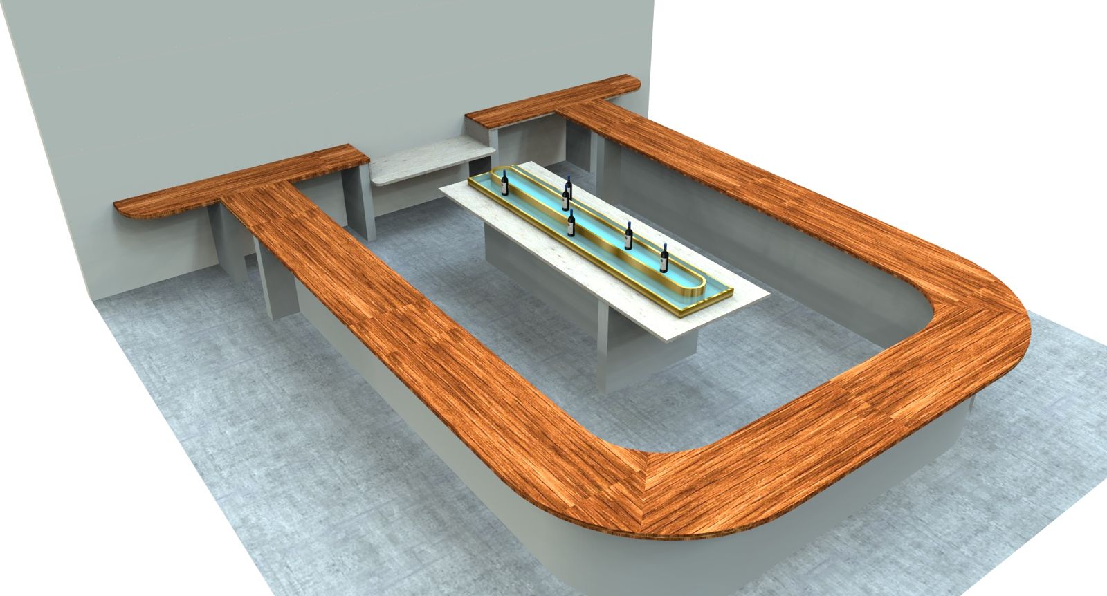 U-shaped hospitality bar with a walnut radius top