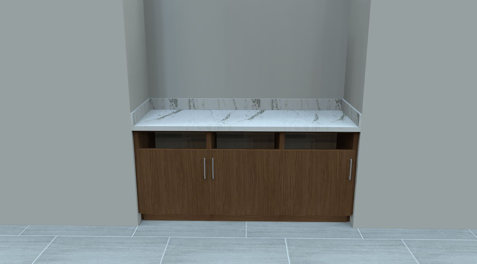 Vanity niche with open shelves under a stone top